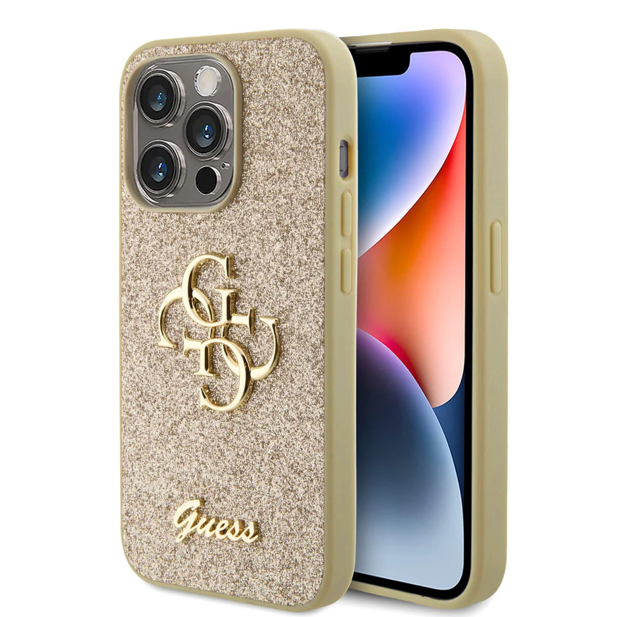 Калъф за iPhone 15 Pro - Guess Glitter Script Big 4G (GUHCP15LHG4SGGD) - златен