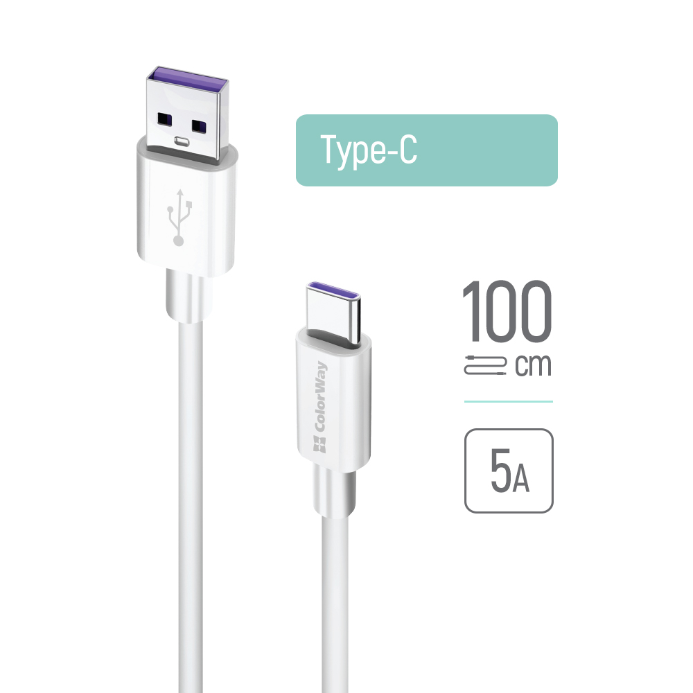 USB-A към USB-C кабел, 5A, 1m - ColorWay (CW-CBUC019-WH) - Бял