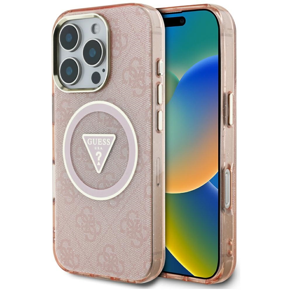 Калъф за iPhone 16 Pro Max - Guess IML Metal Glitter 4G Circle Triangle MagSafe (GUHMP16XHG4PRTGP) - Розов