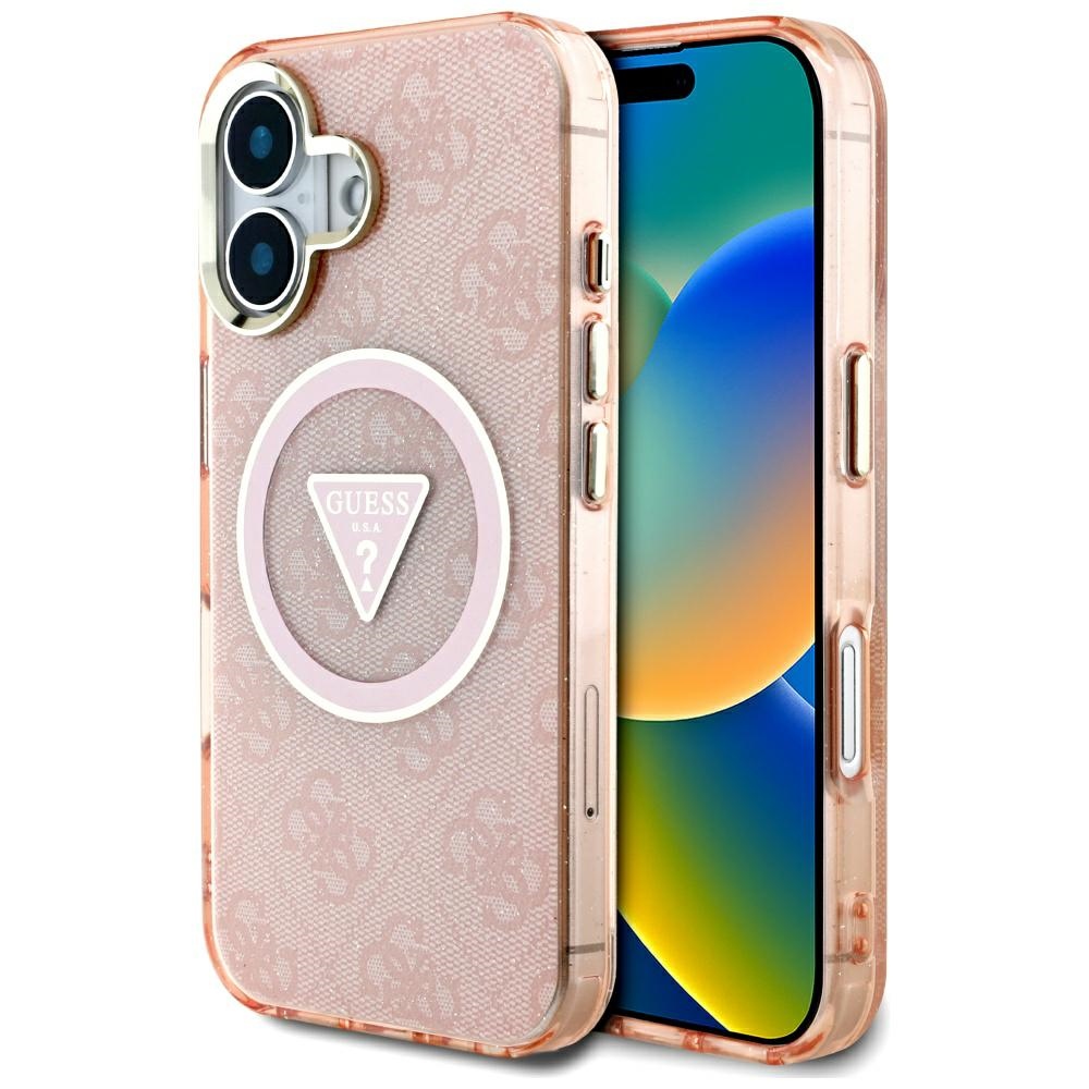 Калъф за iPhone 16 - Guess IML IML Metal Glitter 4G Circle Triangle MagSafe (GUHMP16SHG4PRTGP) - Розов