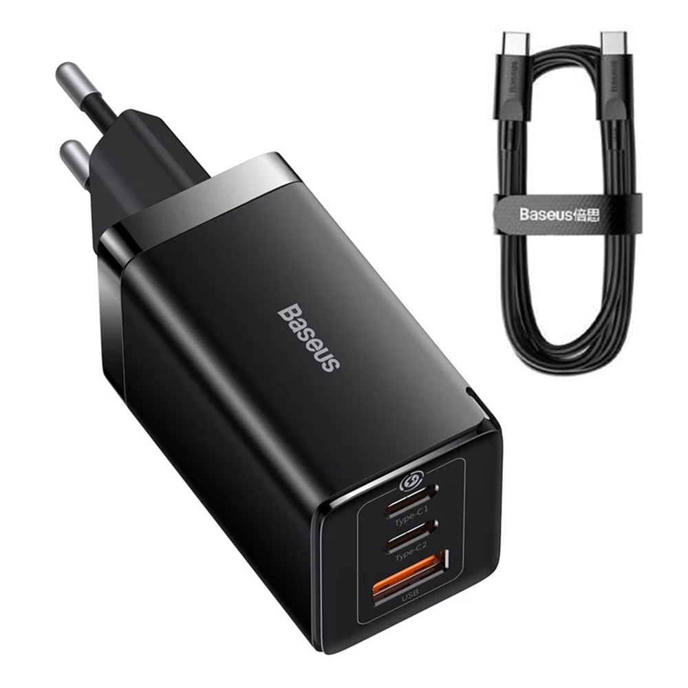 EU Charger 3in1, 65W, Type-C кабел - Baseus GaN5 Pro (CCGP120201) - Черен