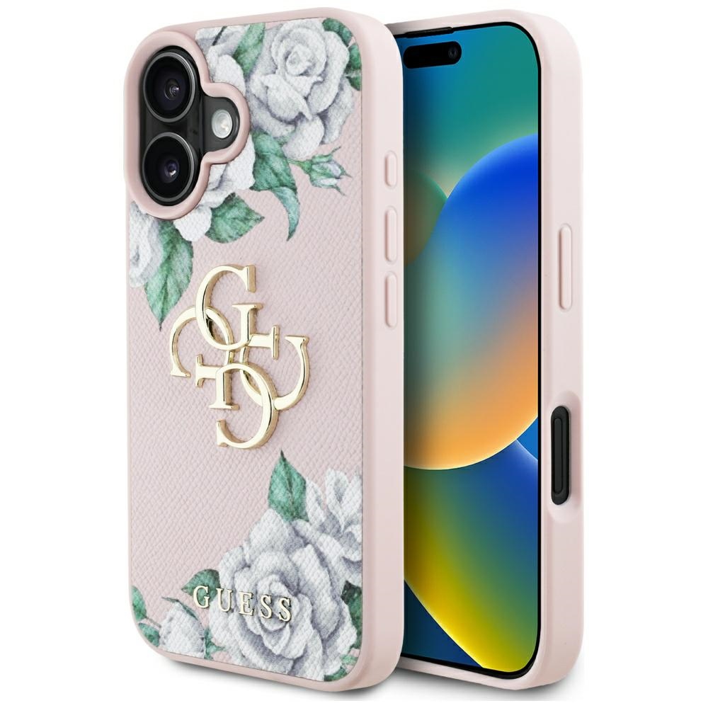 Калъф за iPhone 16 - Guess Hardcase 4G Grained Roses Big Logo (GUHCP16SPGROP4MP) - Розов