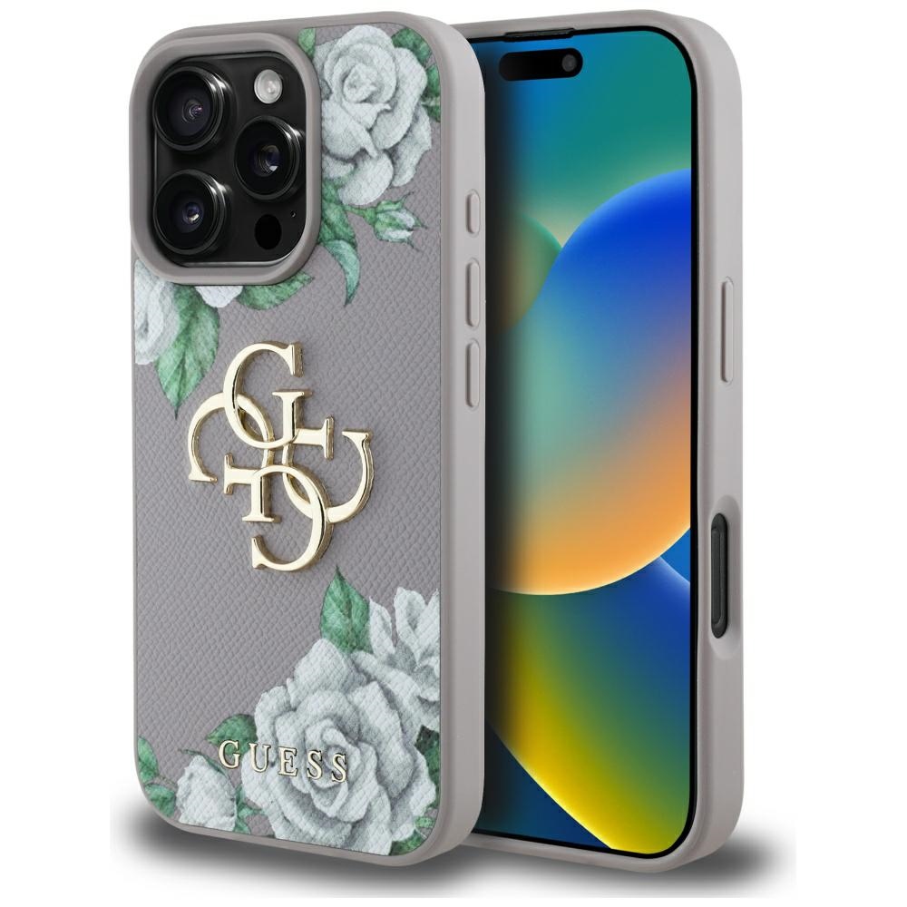 Калъф за iPhone 16 Pro - Guess Hardcase 4G Grained Roses Big Logo (GUHCP16LPGPGROP4MU) - Лилав