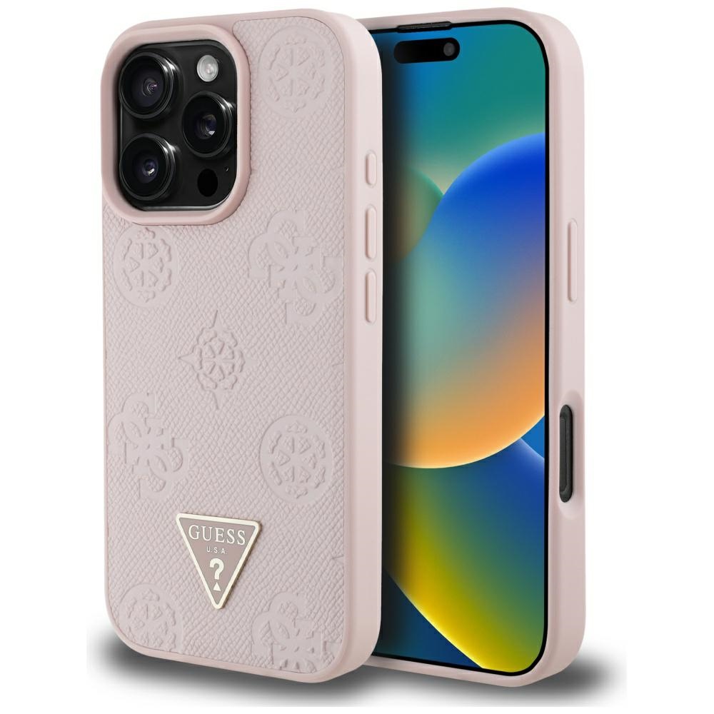 Калъф за iPhone 16 Pro Max - Guess Peony Grained Hot Stamp Hot Stamp Triangle MagSafe (GUHMP16XPGBTMP) - Розов