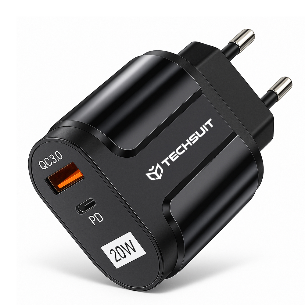 Зарядно устройство Priza USB-A, QC 3.0, USB-C, 20W - Techsuit EasyPowerX (CHPD038) - Черно