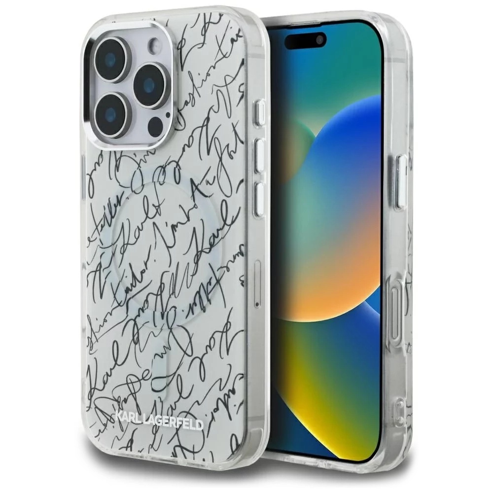 Калъф за iPhone 16 Pro Max - Karl Lagerfeld IML IML MagSafe Karl Script Pattern (KLHMP16XHMSPUSH) - Бял