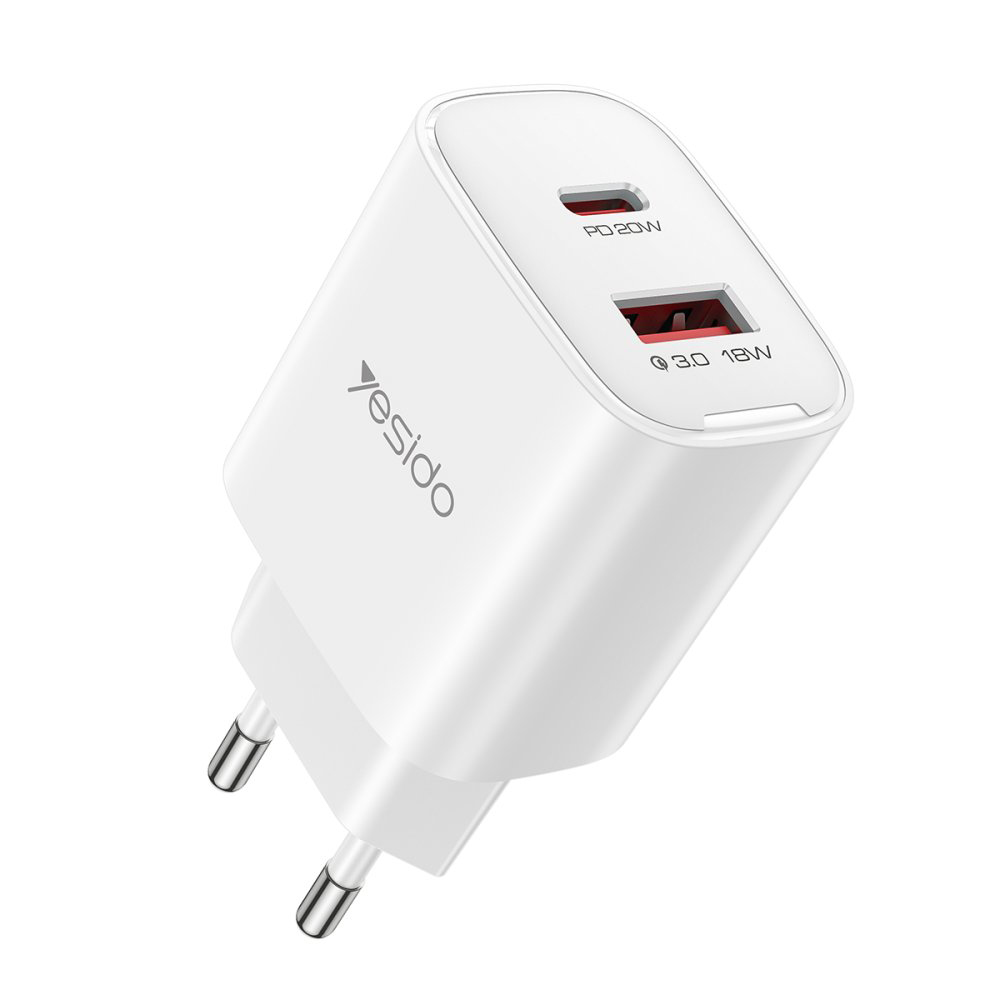Мрежово зарядно 2 в 1, USB, Type-C, 20W - Yesido (YC02E) - Бяло