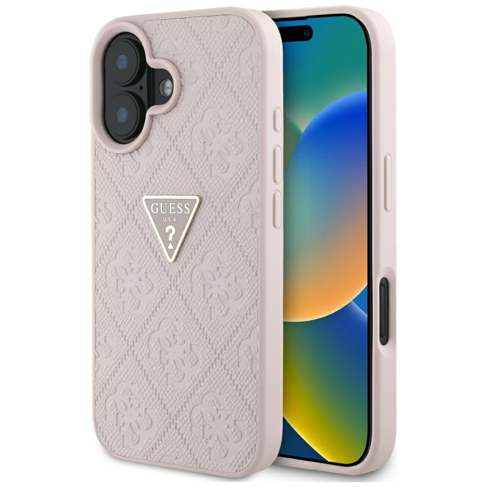 Калъф за iPhone 16 - Guess Leather Hot Stamp 4G Pattern Triangle Metal Logo (GUHCP16SPGP4STRP) - Розов