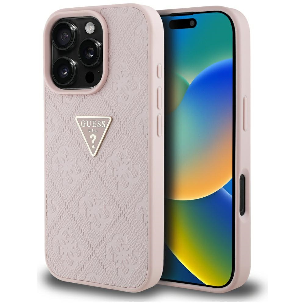 Калъф за iPhone 16 Pro - Guess Leather Hot Stamp 4G Pattern Triangle Metal Metal Logo (GUHCP16LPGP4STRP) - Розов