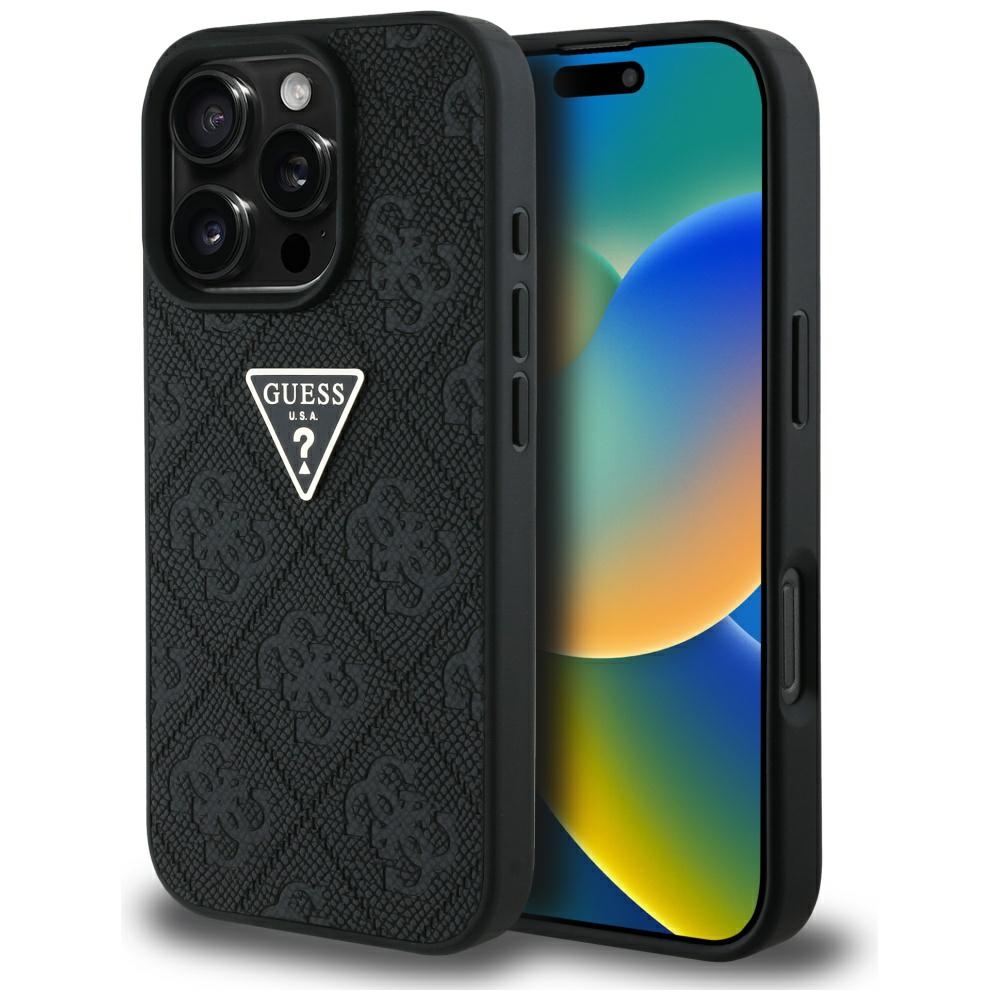 Калъф за iPhone 16 Pro Max - Guess Leather Hot Stamp 4G Pattern Triangle Metal Logo Triangle Pattern (GUHCP16XPGPGP4STRK) - Черен