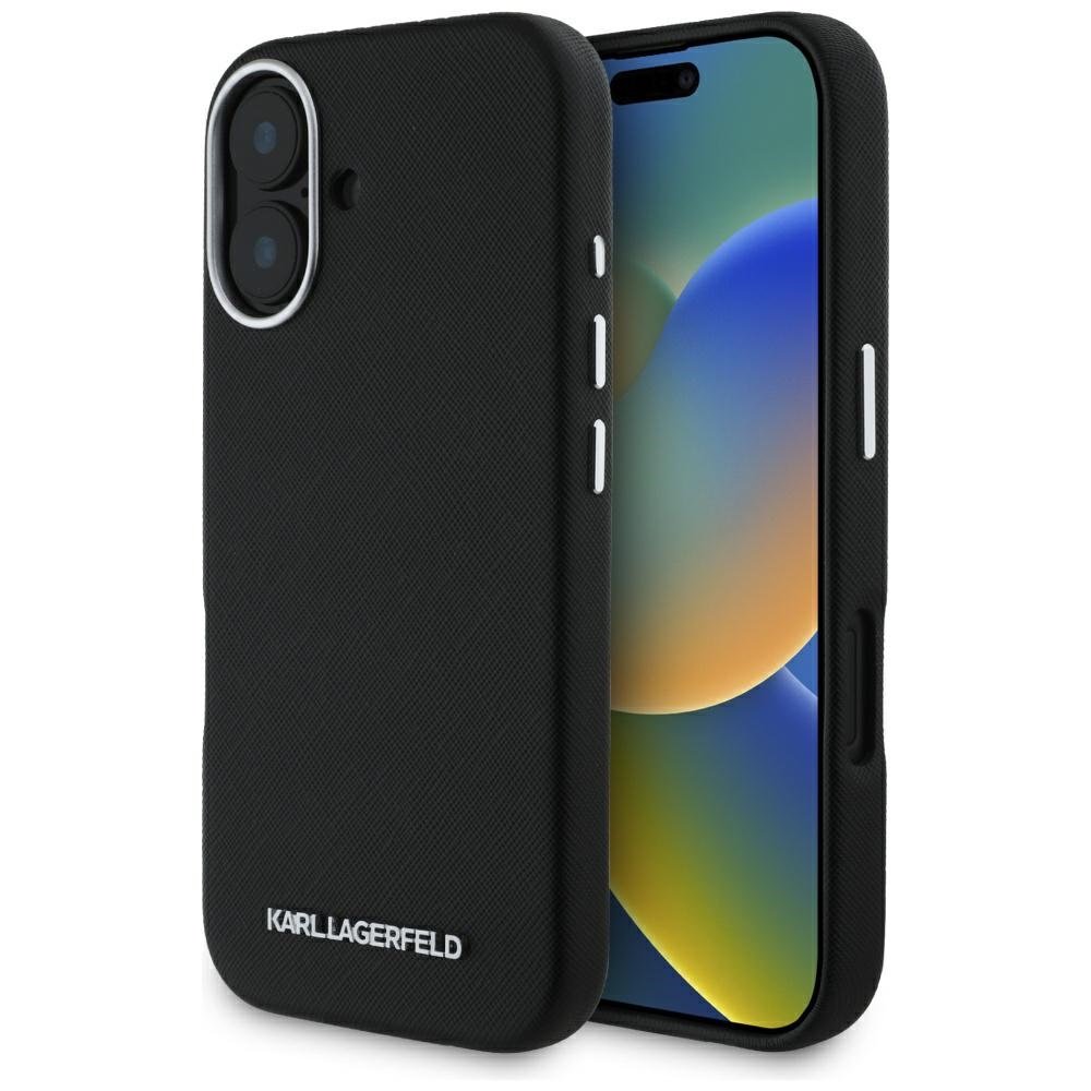 Калъф за iPhone 16 - Karl Lagerfeld Saffiano Full Wrapped Elongated Elongated Metal Logo MagSafe (KLHMP16SPSAFWWMCK) - Черен