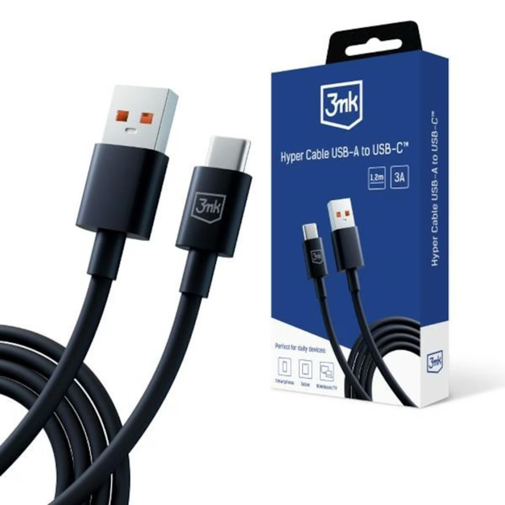 Кабел за зареждане, USB-A към USB-C, 3A, 1.2m - 3mk Hyper - Черен