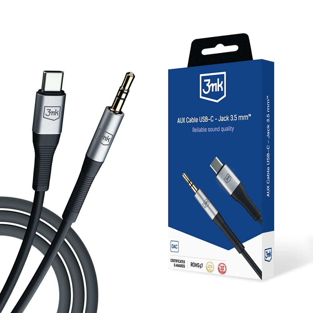 Допълнителен кабел, USB-C към жак 3,5 mm, Cip DAC, 3,5 m - 3mk - 3mk - Черен