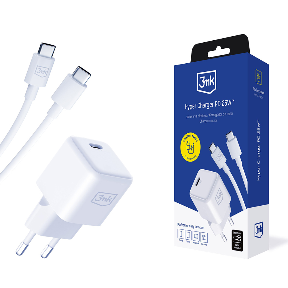 Type-C зарядно, PD25W, GaN + Type-C към Type-C кабел - 3mk Hyper - Бял