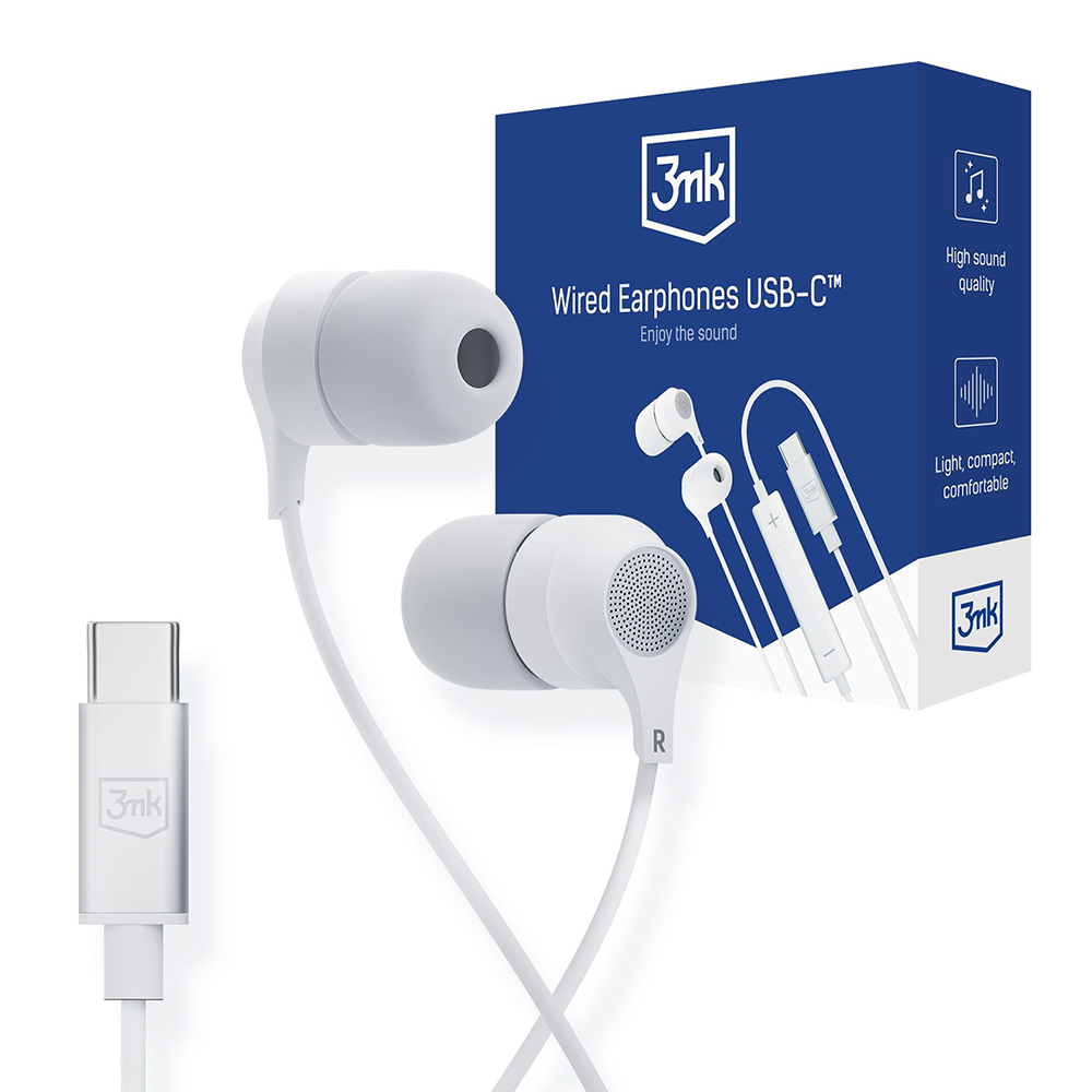 USB-C слушалки, за поставяне в ухото, микрофон, 1,2 м - 3 мк - бели