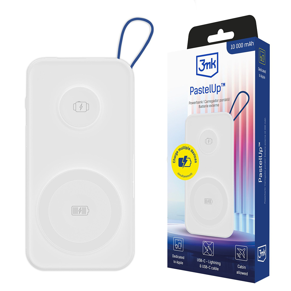 Външна батерия, USB-A/USB-C/Lightning, MagSafe/Qi, 10.000mAh, 22.5W - 3mk PastelUp - Бял
