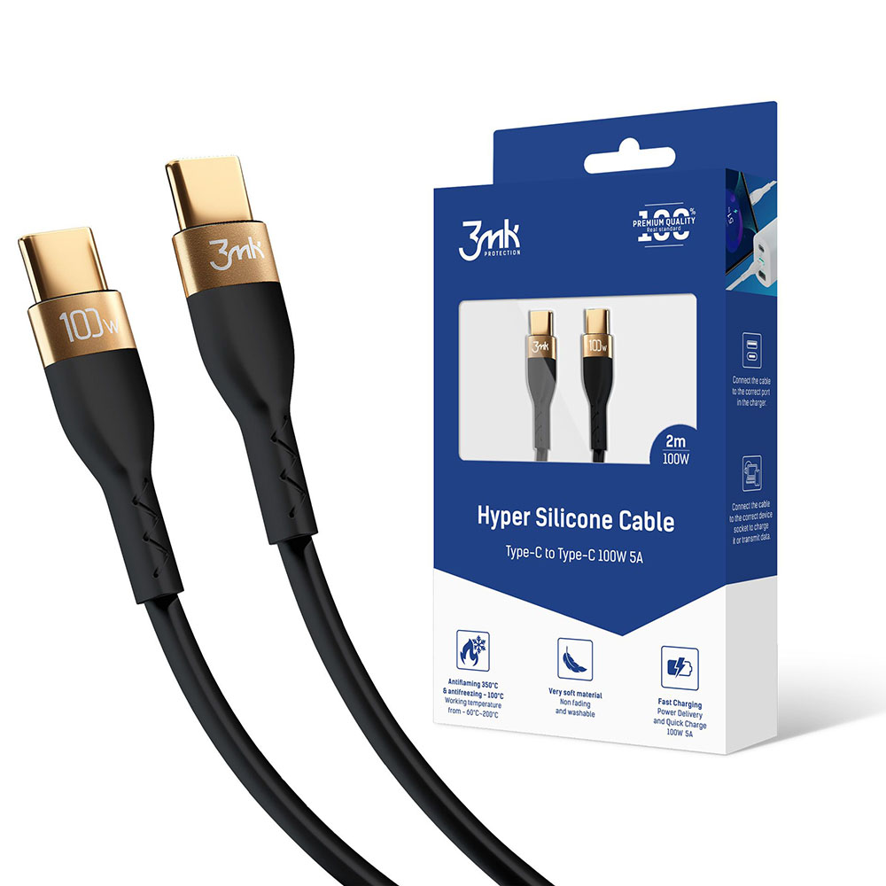 Кабел за данни/зареждане, USB-C към USB-C, 100W, 5A, 2m - 3mk Hyper Silicone - Черен