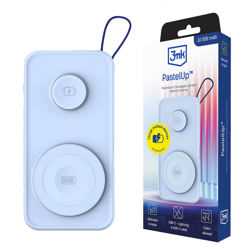 Външна батерия, USB-A/USB-C/Lightning, MagSafe/Qi, 10.000mAh, 22.5W - 3mk PastelUp - синьо