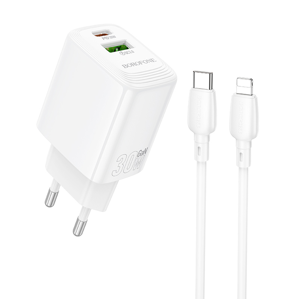 Зарядно устройство, USB + Type-C, PD30W, QC3.0, GaN + Lightning към USB-C кабел - Borofone Fuente (BN29) - Бял
