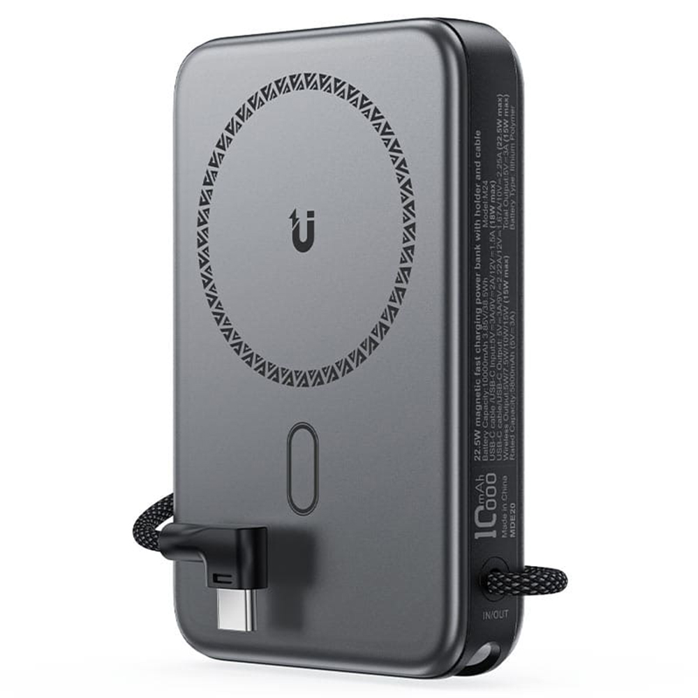 Магнитна външна батерия, 10000mAh, LED индикатор, стойка, USB-C кабел - Acefast (M24-10000) - Метално сиво