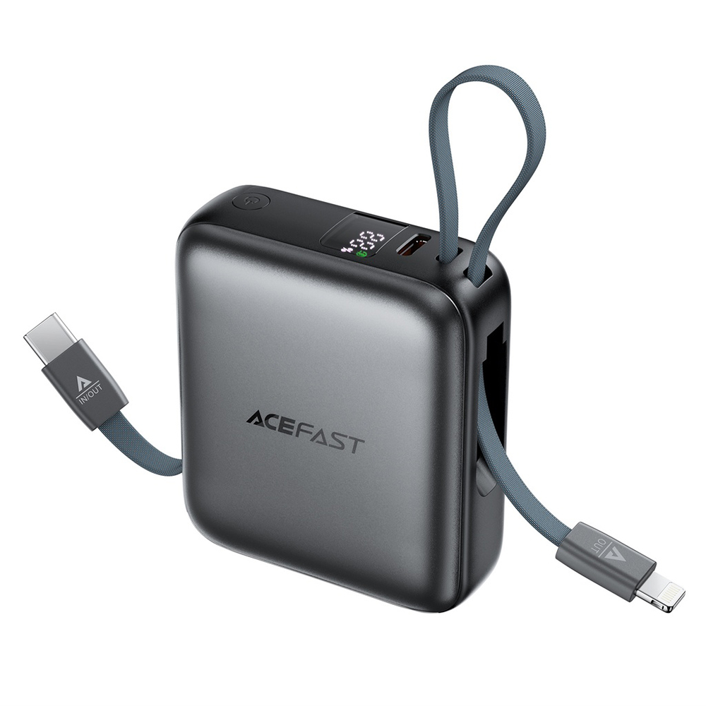 Външна батерия, Type-C, 10000mAh, 2x кабел, LED дисплей - Acefast (M23-10000) - Metal Сив