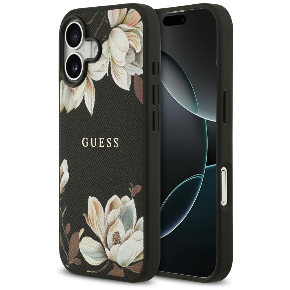 Калъф за iPhone 17 - Guess Grained Flowers MagSafe (GUHMP17SPGNMPMPLMK) - Черен
