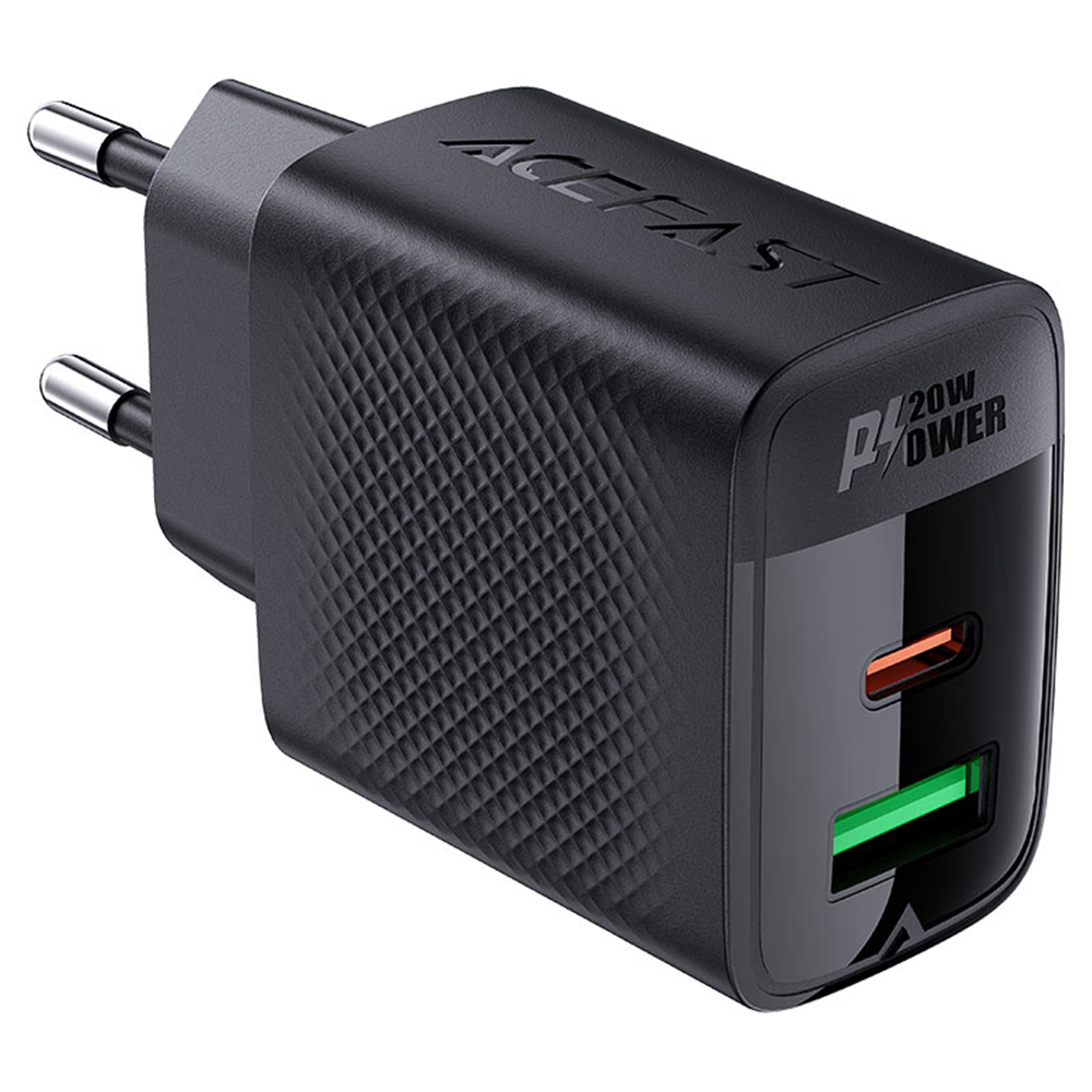 Зарядно устройство с щепсел, USB, Type-C, PD20W, 5V/3A, бързо зареждане - Acefast (A78) - черно