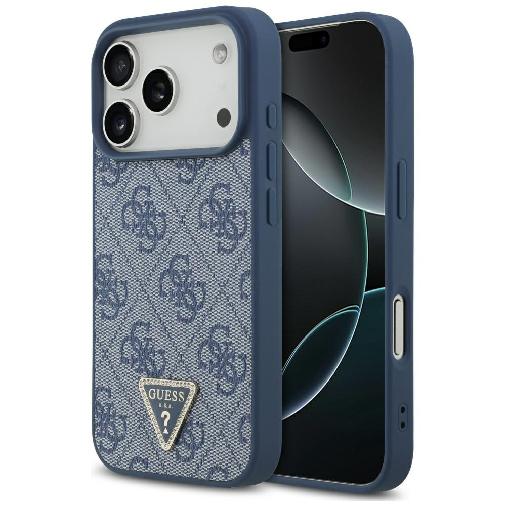 Калъф за iPhone 17 Pro Max - Guess Leather 4G Triangle Rhinestone Triangle MagSafe (GUHMP17XP4TDPLB) - Син