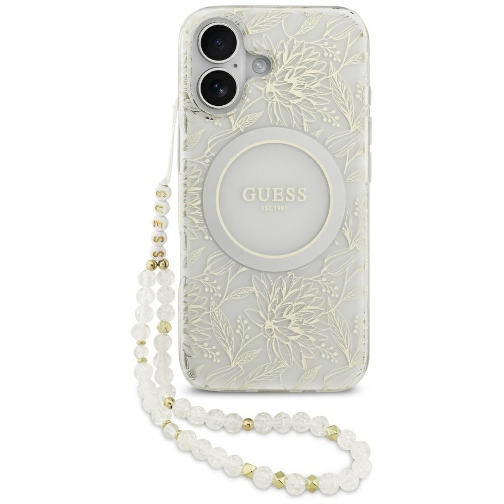 Калъф за iPhone 17 - Guess IML Flowers with Pearl Strap MagSafe (GUHMP17SHCPOFPH) - Бял