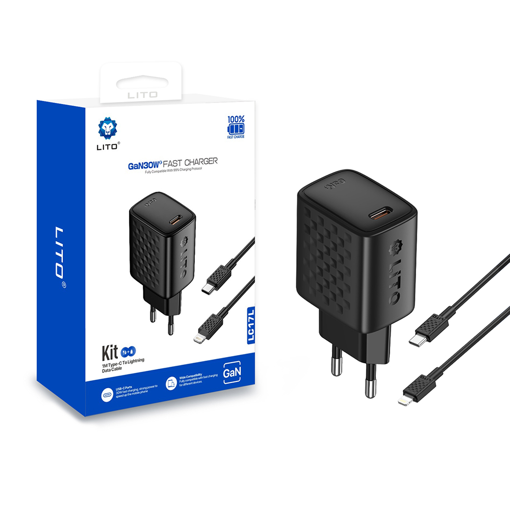 Зарядно устройство с щепсел, USB-C, 30 W, включен Lightning кабел - Lito (LC17L) - Черен