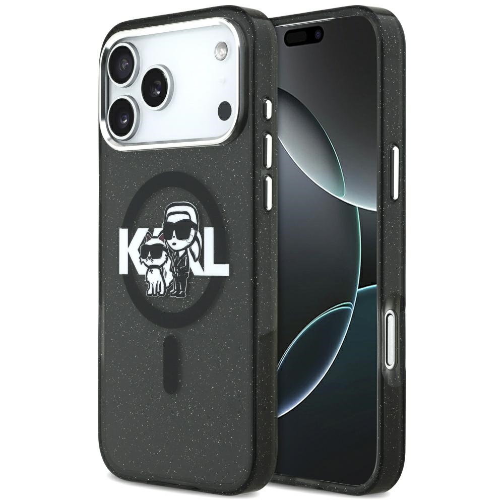 Калъф за iPhone 17 Pro Max - Karl Lagerfeld IML Glitter Karl & Choupette Sketch Logo MagSafe (KLHMP17XHGKCGKBK) - Черен