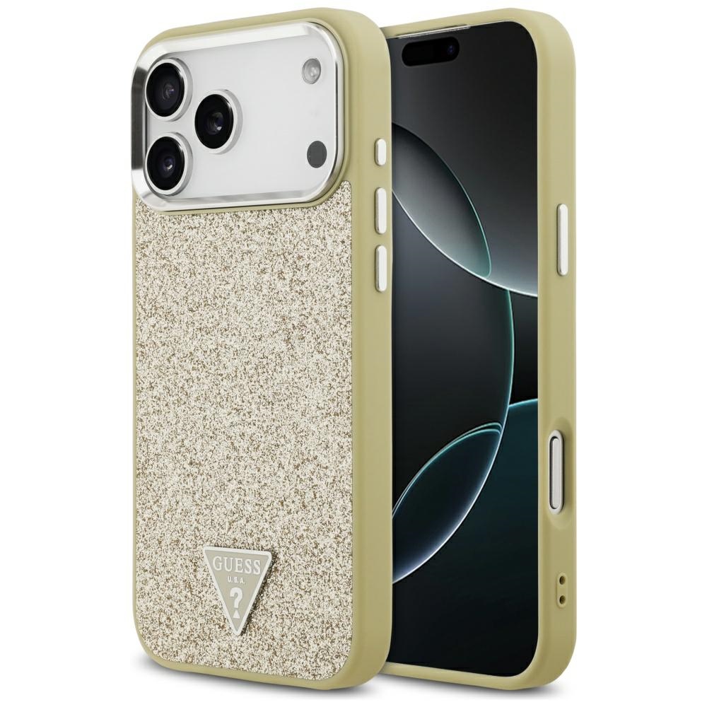 Калъф за iPhone 17 Pro Max - Guess Glitter Triangle Logo MagSafe (GUHMP17XPFGGTSCMD) - златен