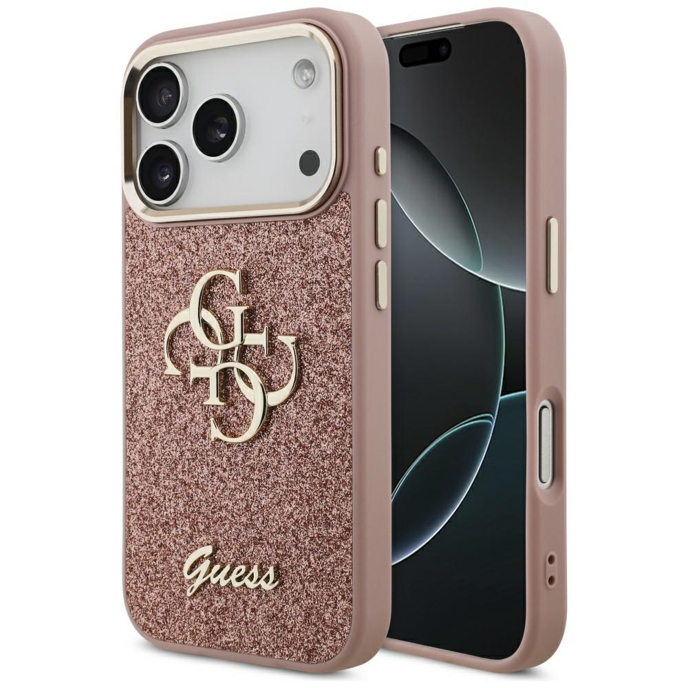 Калъф за iPhone 17 Pro - Guess Fixed Glitter Big 4G Metal Frame (GUHCP17LHGG4SGCP) - Розов
