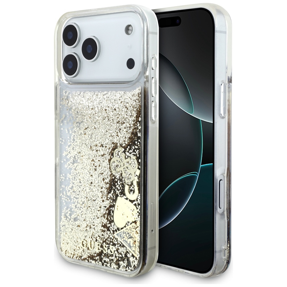 Калъф за iPhone 17 Pro - Guess Liquid Glitter Charms (GUHCP17LGLHFLGO) - златен