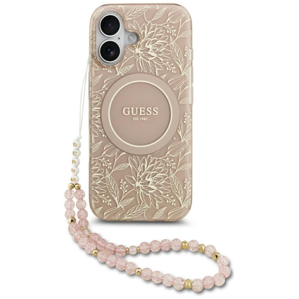Калъф за iPhone 17 - Guess IML Flowers IML Allover Electroplated with Pearl Strap MagSafe (GUHMP17SHCPOFPP) - Черен