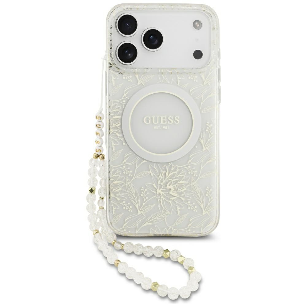 Калъф за iPhone 17 Pro Max - Guess IML Flowers IML Allover Electroplated with Pearl Strap MagSafe (GUHMP17XHCPOFPH) - Бял