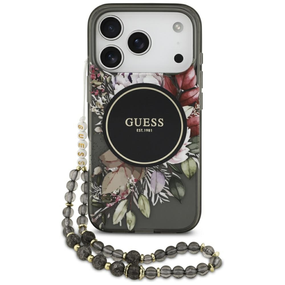 Калъф за iPhone 17 Pro - Guess IML Flowers with Pearl Strap MagSafe (GUHMP17LHFLHFWWBRCESK) - Черен