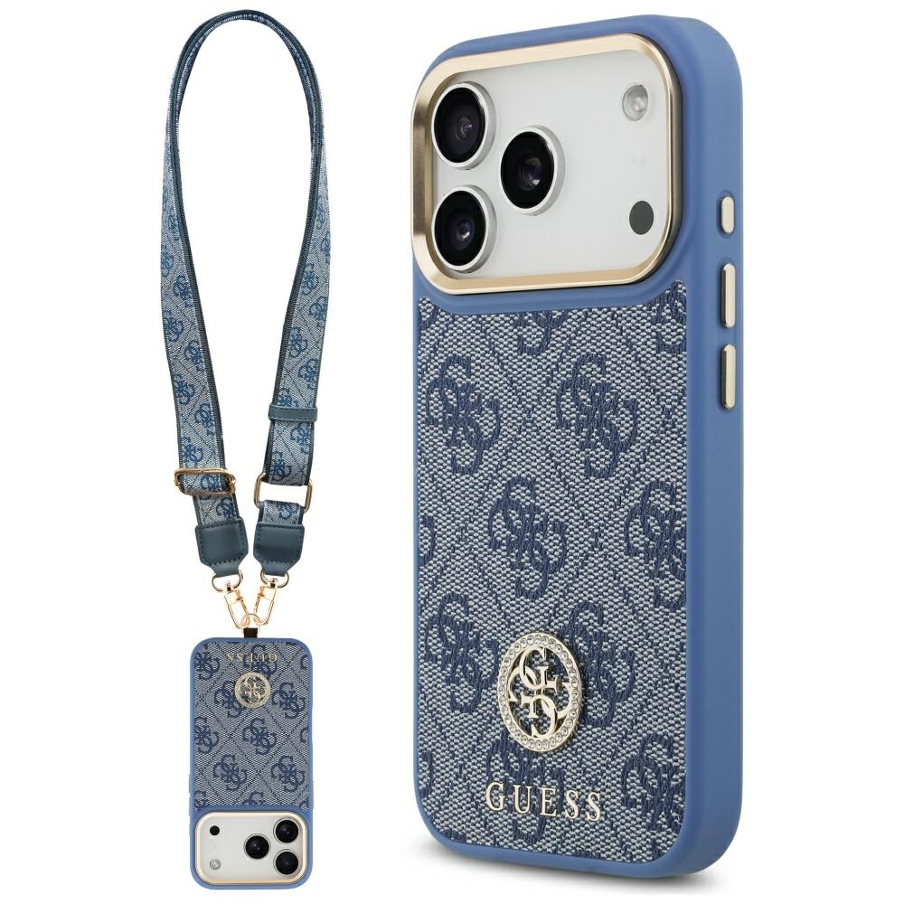 Калъф за iPhone 17 Pro - Guess 4G Strass Logo with Big Strap Metal Button MagSafe (GUHMP17LP4G4G4DCSB) - Син