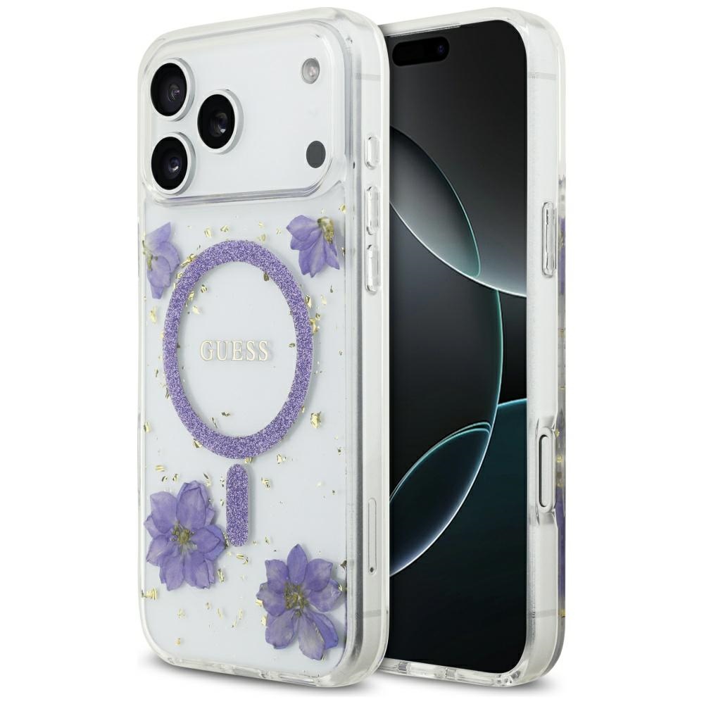 Калъф за iPhone 17 Pro - Guess Resin Flowers and Glitter MagSafe (GUHMP17LRBFBFGFGMU) - Лилав