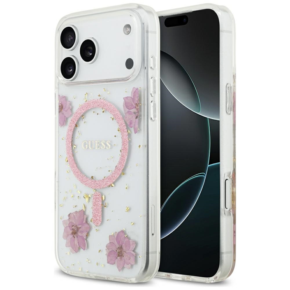 Калъф за iPhone 17 Pro Max - Guess Resin Flowers and Glitter MagSafe (GUHMP17XRBFGFGFGMP) - Розов