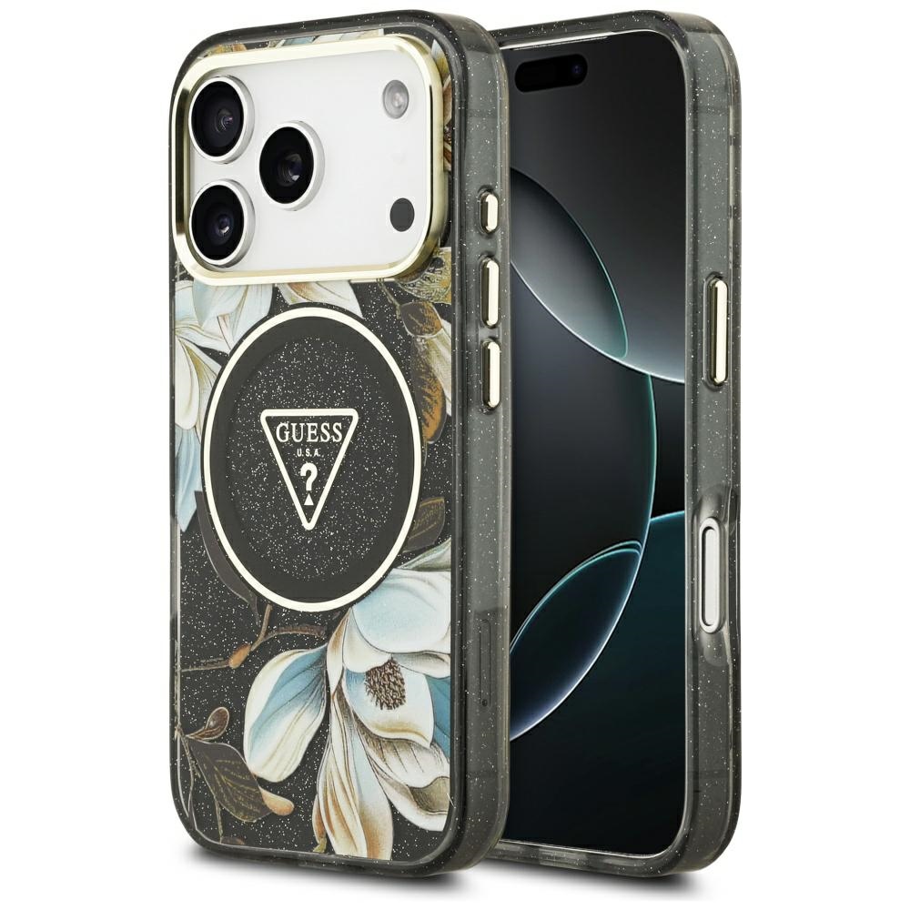 Калъф за iPhone 17 Pro - Guess IML Metal Glitter Flowers Triangle MagSafe (GUHMP17LHFLFLPEDK) - Черен