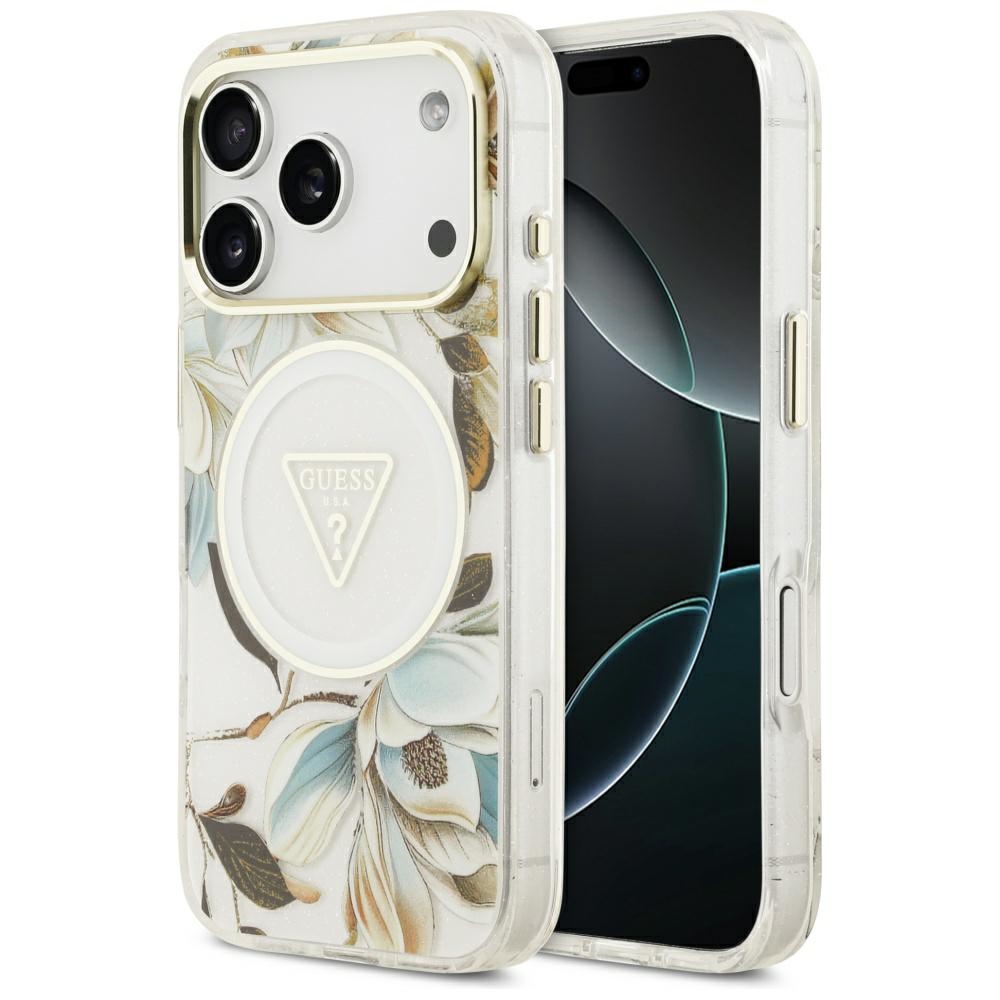 Калъф за iPhone 17 Pro - Guess IML Metal Glitter Flowers Triangle MagSafe (GUHMP17LHFLFLPEDH) - Бял