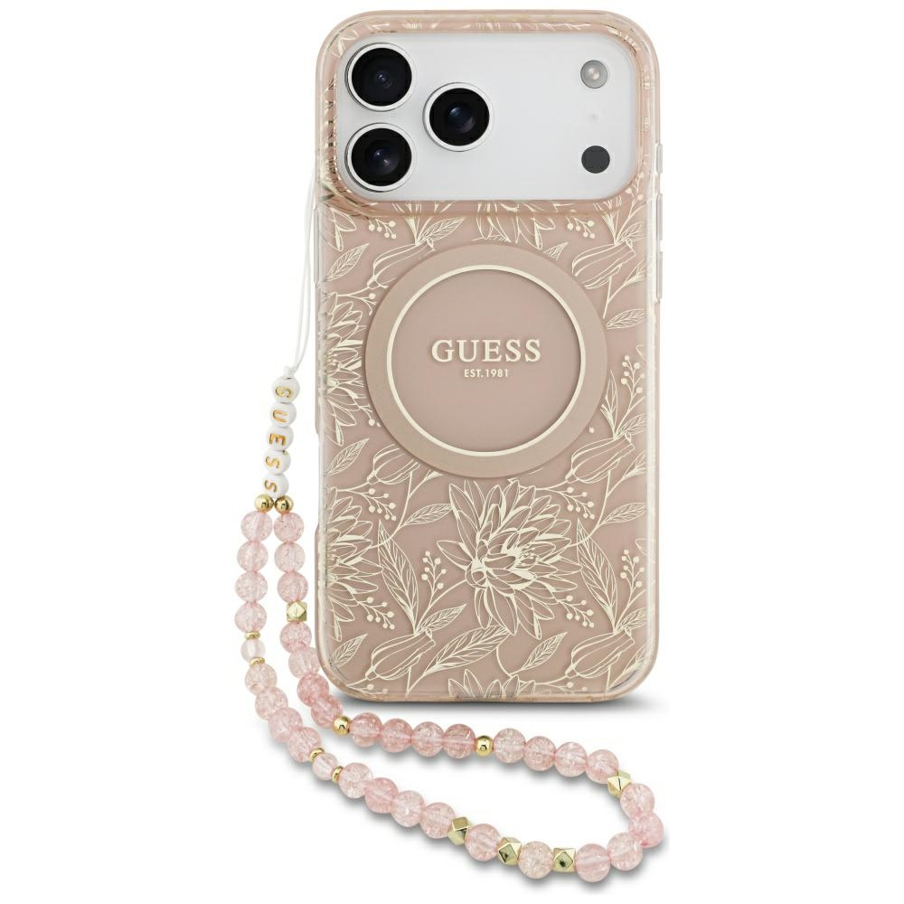 Калъф за iPhone 17 Pro Max - Guess IML Flowers Allover Electroplated with Pearl Strap MagSafe (GUHMP17XHCPOFPP) - Розов