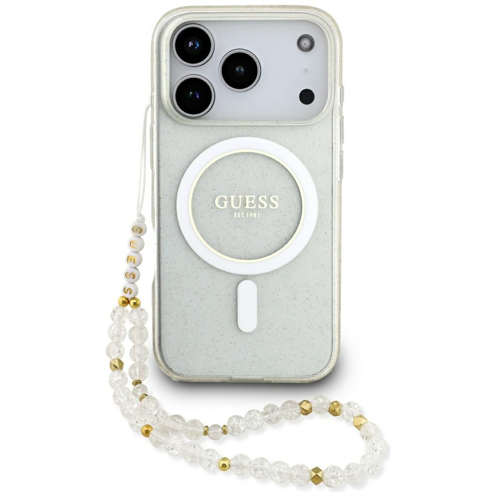 Калъф за iPhone 17 Pro - Guess IML Glitter with Pearl Strap MagSafe (GUHMP17LHGCGCRELST) - Прозрачен