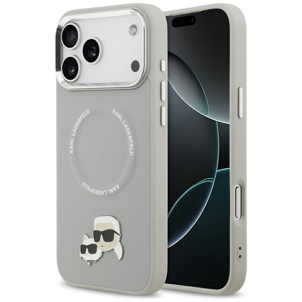Калъф за IPhone 17 Pro Max - Karl Lagerfeld Leather Karl & Choupette Pins MagSafe (KLHMP17XPSMLRKCG) - Сив