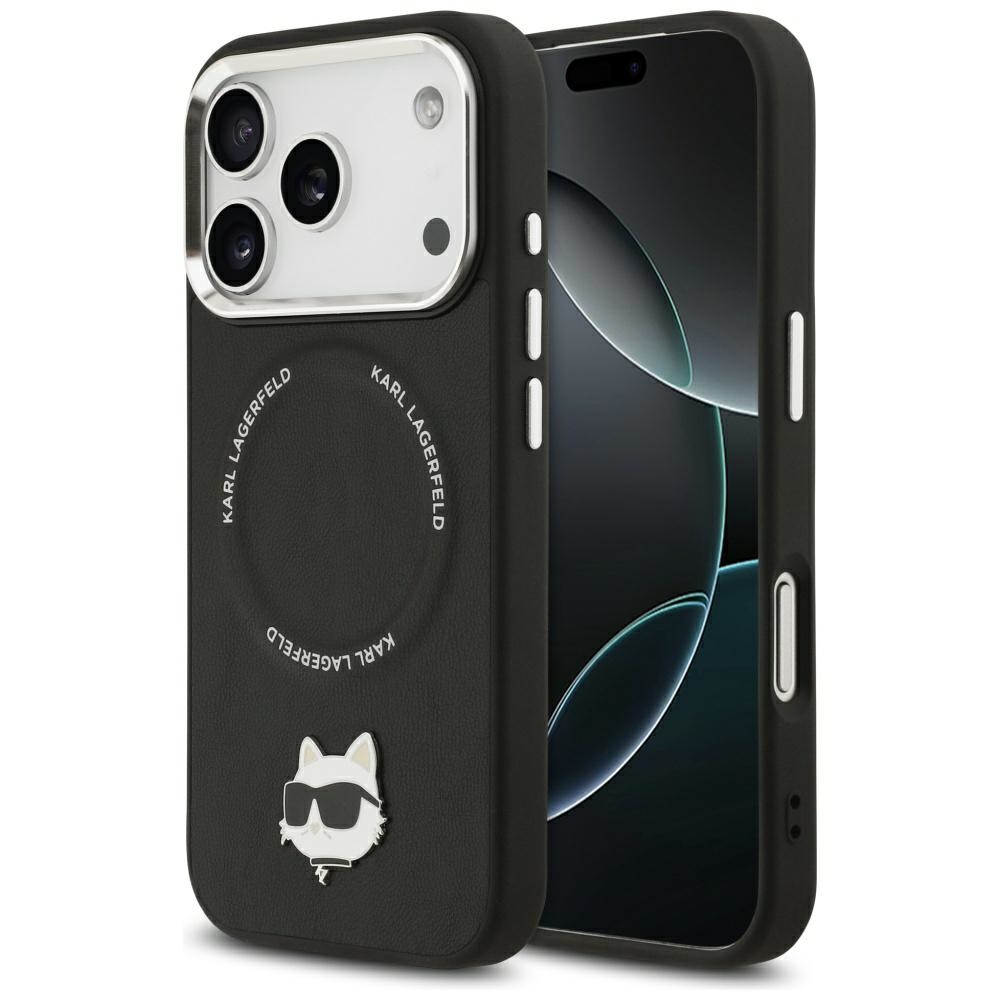 Калъф iPhone 17 Pro Max - Karl Lagerfeld Leather Choupette Pin MagSafe (KLHMP17XPSMLRCHK) - Черен