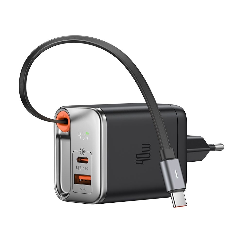 Зарядно устройство с щепсел, USB-A, USB-C, 40 W, 65 см прибиращ се кабел - серия Mcdodo FreeGo (CH-4281) - Черен