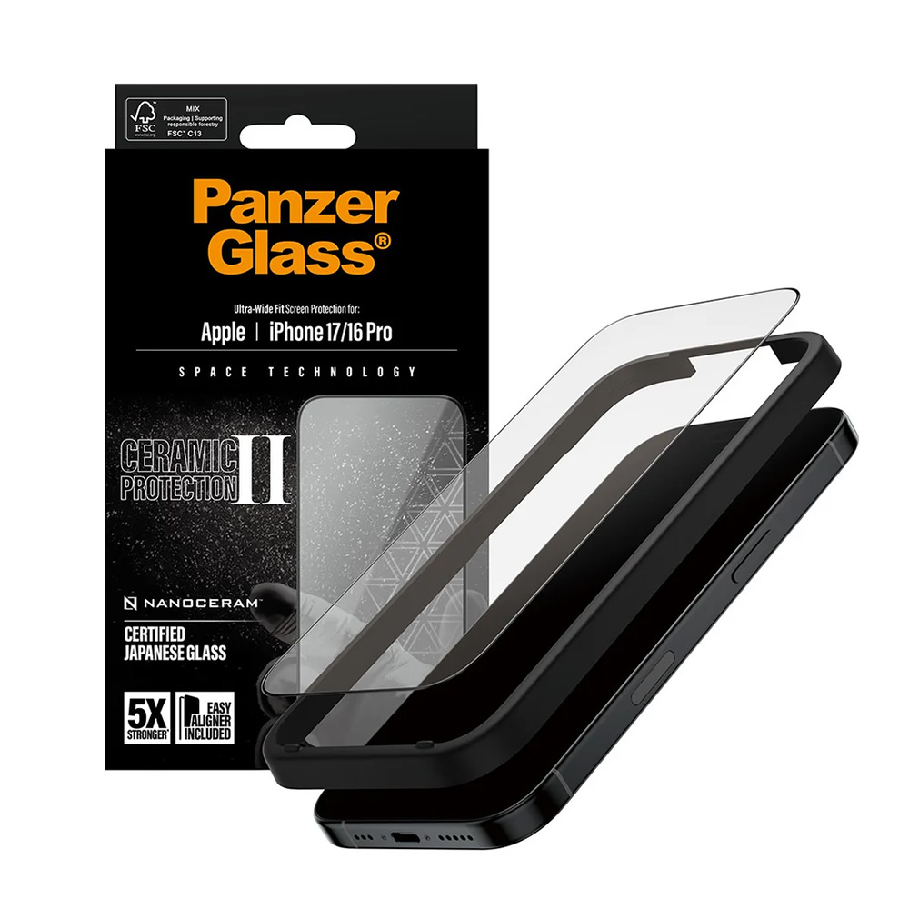 Folie PanzerGlass® Ultra-Wide Fit Ceramic II Screen Protector w. EasyAligner iPhone 17 / iPhone 16 Pro