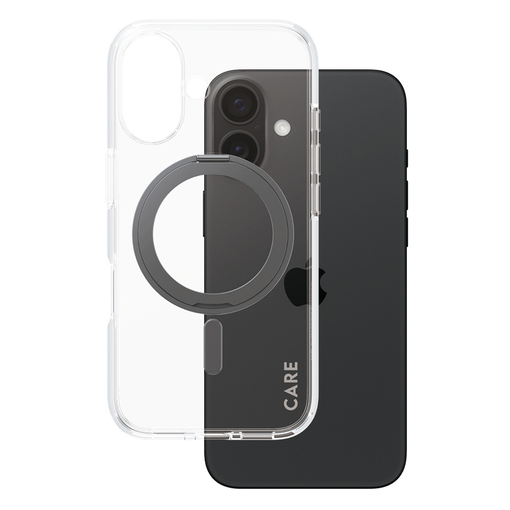 Husă PanzerGlass® CARE Feature Black Kickstand & MagSafe iPhone 16 Transparenta