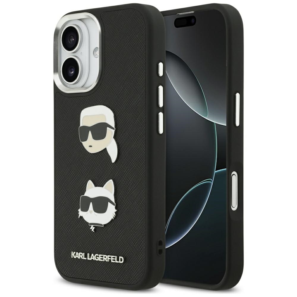 Калъф за IPhone 17 - Karl Lagerfeld FW Grained Karl & Choupette Heads Pins & Logo (KLHCP17SPSFDHPOK) - Черен